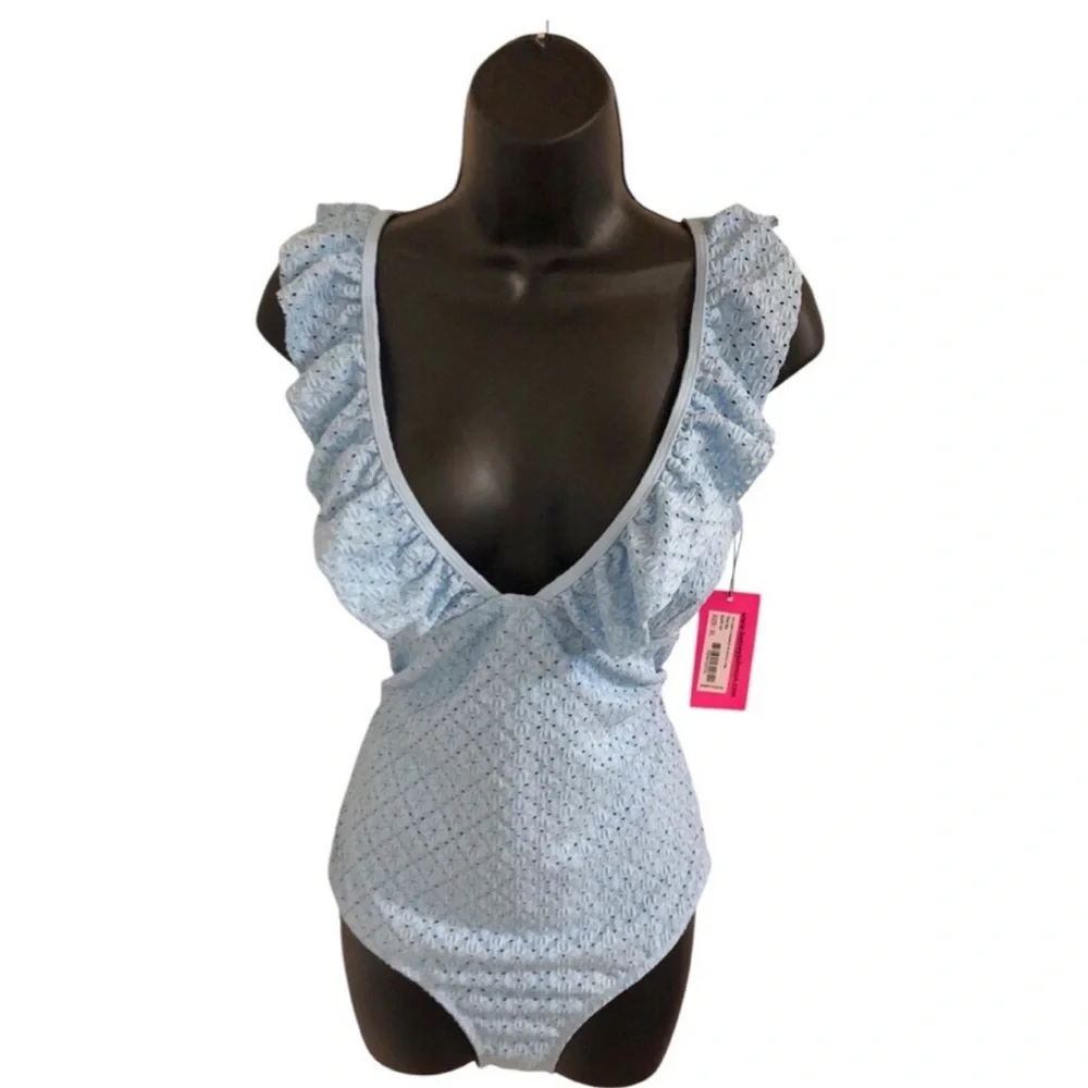 Betsey Johnson Clear sky blue 1piece Ruffle strap eyelet Swimsuit size small new